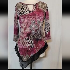 W. NEW STITCH COLLECTION MULTICOLOR KEYHOLE ASYMMETRICAL BLOUSE TOP SIZE S